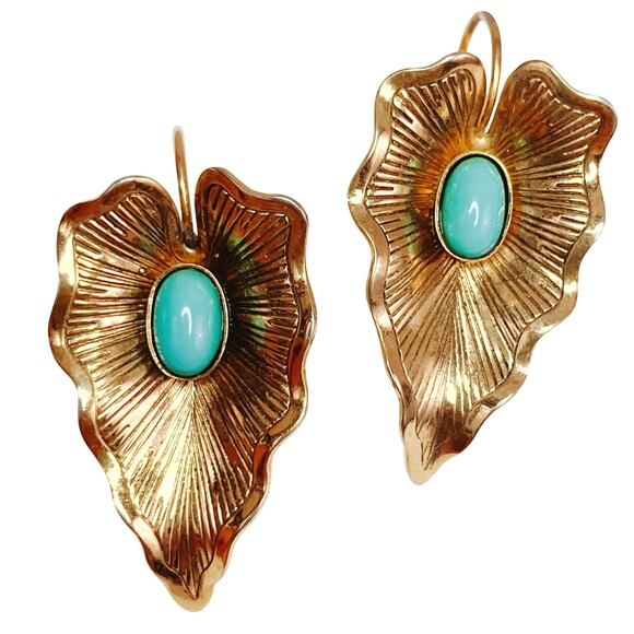 VTG Mid Century Gold Tone Leaf Earrings Robin Egg Lucite Cabs French Wire Drops - Picture 1 of 11